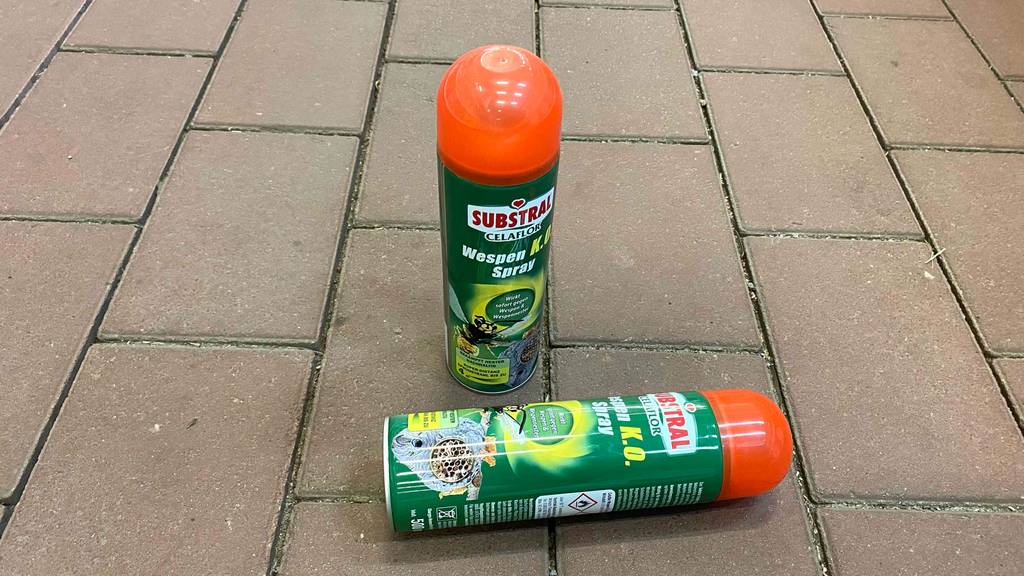 Zwei getestete Wespenspray-Sprühdosen von Substral Celaflor befinden sich auf einem Steinboden.