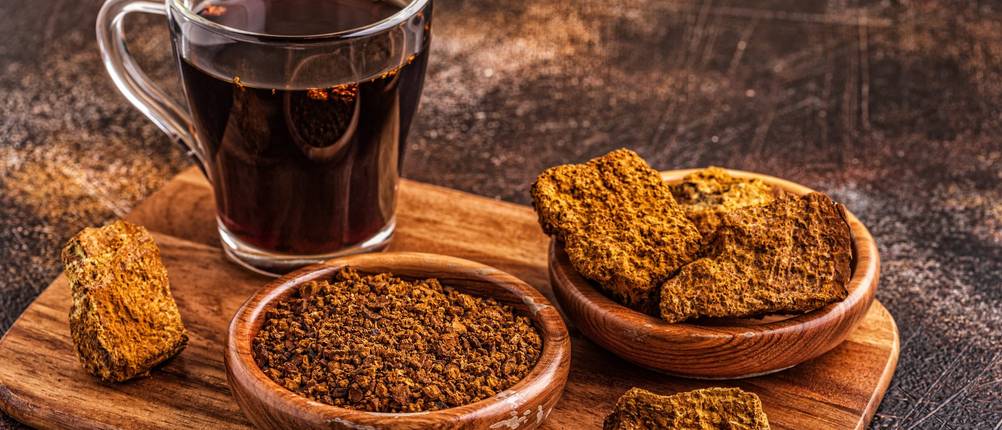 Chaga-Tee-Test: Auf einem Holzbrett stehen ein Teeglas und zwei Holzschalen mit Chaga-Brocken und Chaga-Pulver. 