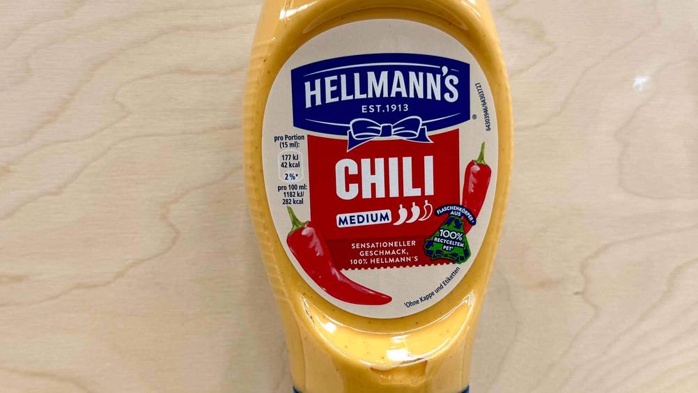 Chili-Mayonnaise getestet: Nahaufnahme des Labels auf der Flasche.
