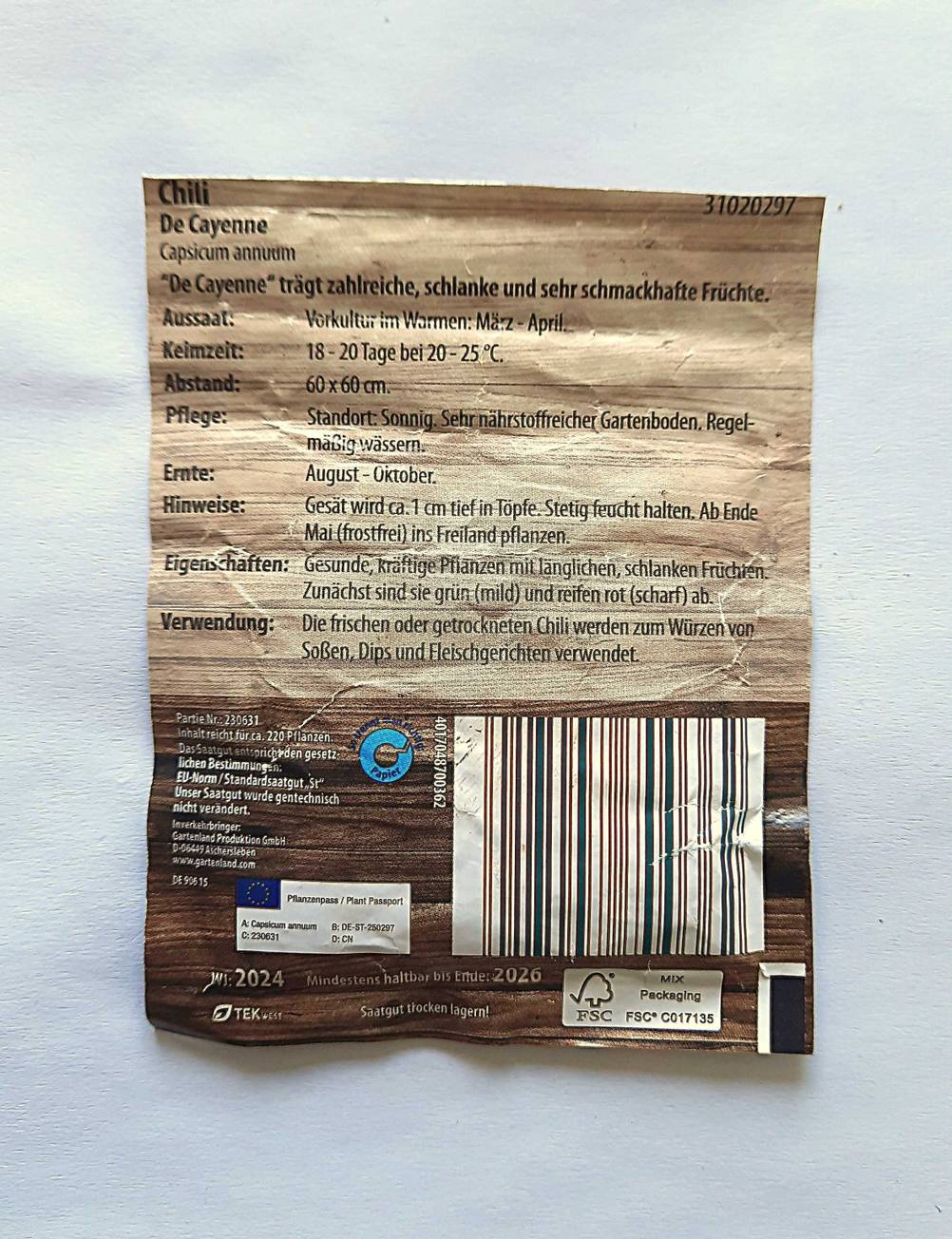 Rückseite der Verpackung der Chili-Samen im Test.