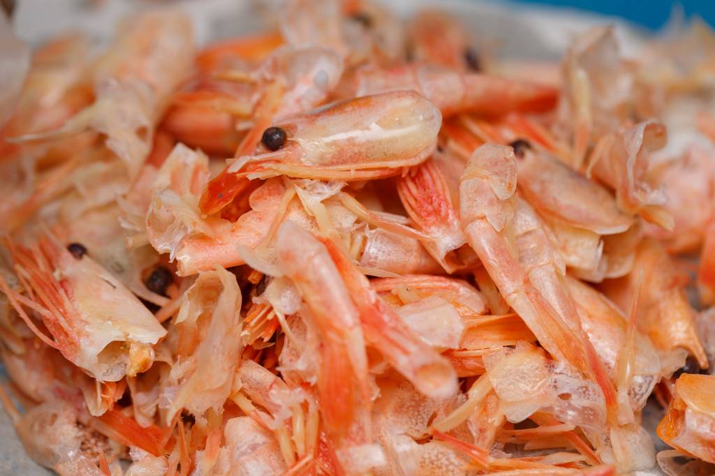 Chitosan-Test: Mehrere Hüllen von Köpfe von Garnelen liegen aufeinander. 