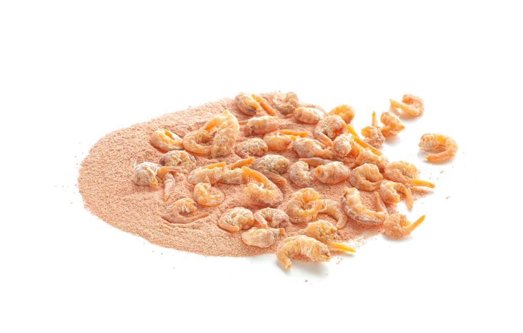 Chitosan-Test: Zermahlene Garnelen liegen neben Garnelenstücken.