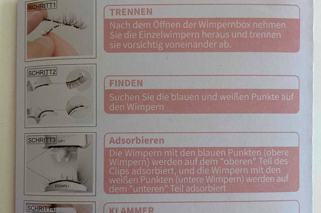 Die Anleitung zu den getesteten magnetischen Wimpern ist abgebildet.