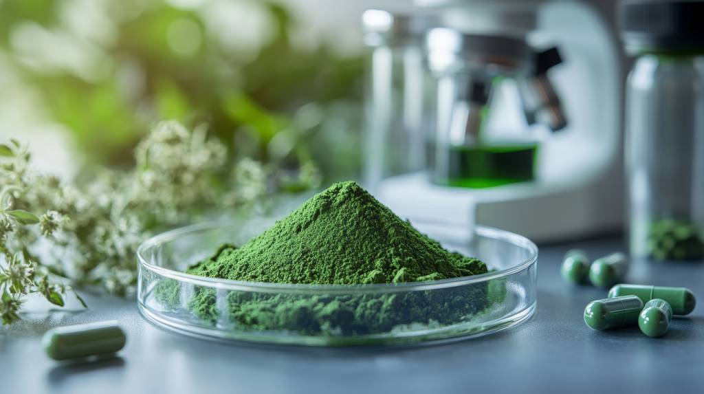 Chlorella-Pulver-Test: In einer kleinen Glasschale befindet sich Chlorella-Pulver. Daneben liegen Chlorella-Kapseln. 