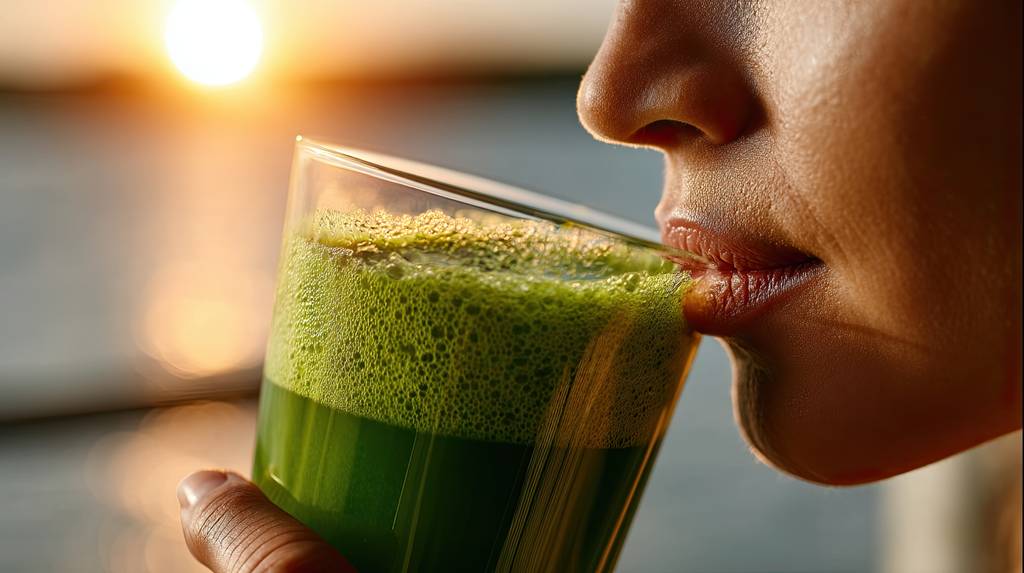 Chlorella-Pulver-Test: Ein Frau trinkt ein Glas Wasser mit Chlorella-Pulver. 