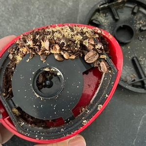 Geöffneter Cisixin-Mini-Staub-Reiniger mit Zucker- und Kaffeebohnen-Resten.