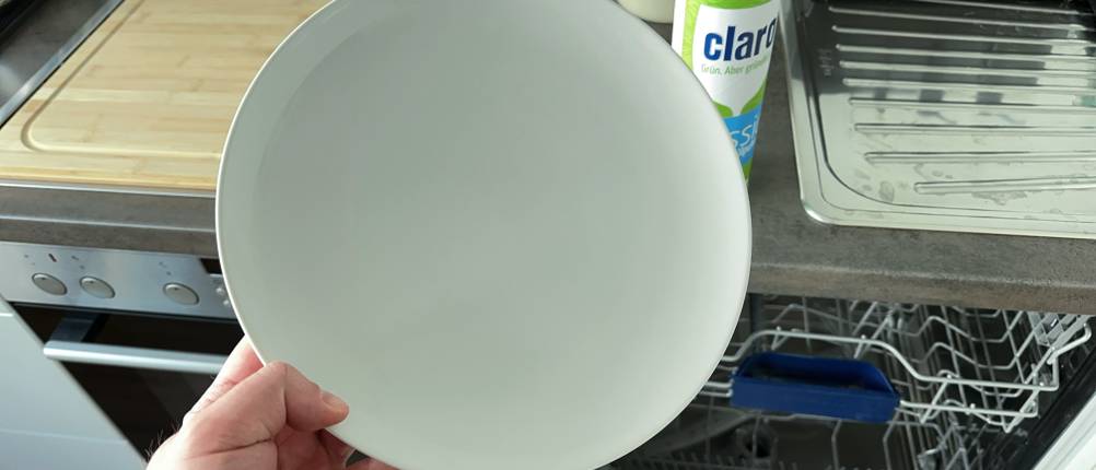 Ein sauberer Teller wurde aus der Spülmaschine genommen.