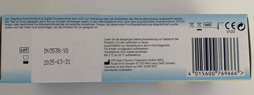 Ansicht der gedruckten Produktbeschreibung auf einer Verpackung inklusive getestetem Ovulationstest für Schwangerschafts-Therapien.