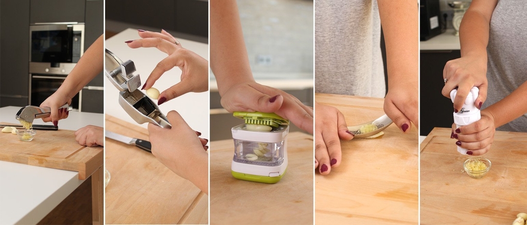 Eine Bild-Collage zeigt die Anwendung bei verschiedenen Arten von Knoblauchpressen.