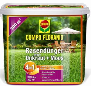 Der Compo Rasendünger mit Unkrautvernichter rückt außerdem dem Moos zu Laibe.