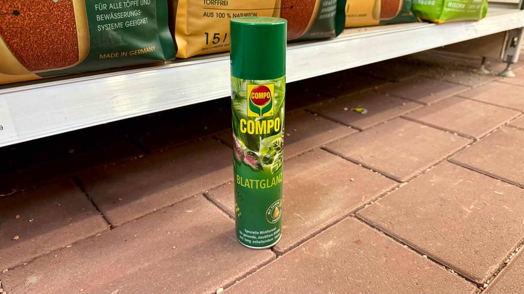 Blattglanzspray im Test steht auf dem Boden vor einem Verkaufsregal.