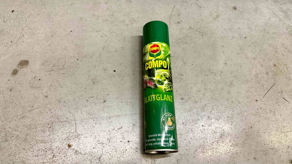 Im Test: Blattglanzspray in der Dose liegt auf dem Boden.