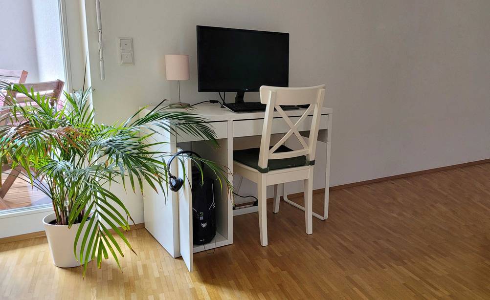 Im Test: Ein Computertisch in einem Raum vor einer hellen Wand, mit Bildschirm, Lampe und einer Pflanze.