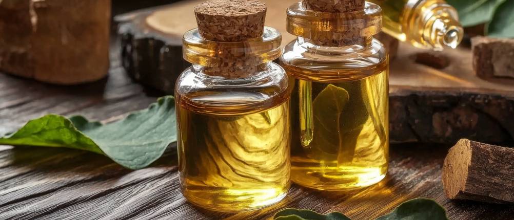 Copaiba-Öl-Test: Zwei kleine Glasfläschchen mit Copaiba-Öl stehen auf einem Tisch. 