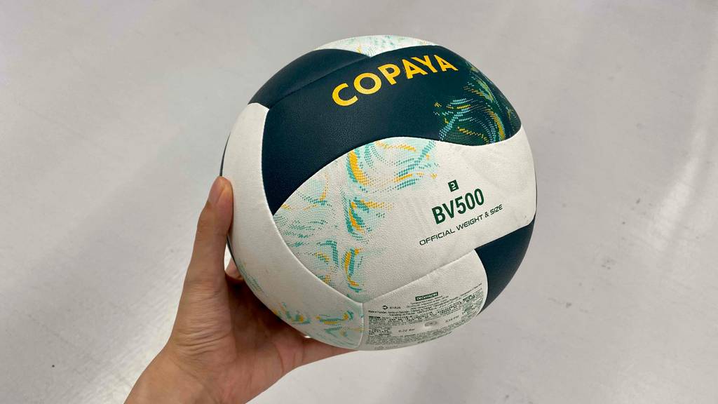 Hand Hält zweifarbigen getesteten Copaya-Beachvolleyball-Test vor hellem Hintergrund.