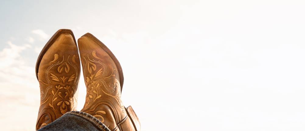 Cowboy-Stiefel-für-Herren-Test: Cowboy-Stiefel mit Jeans zeigen Richtung Himmel.