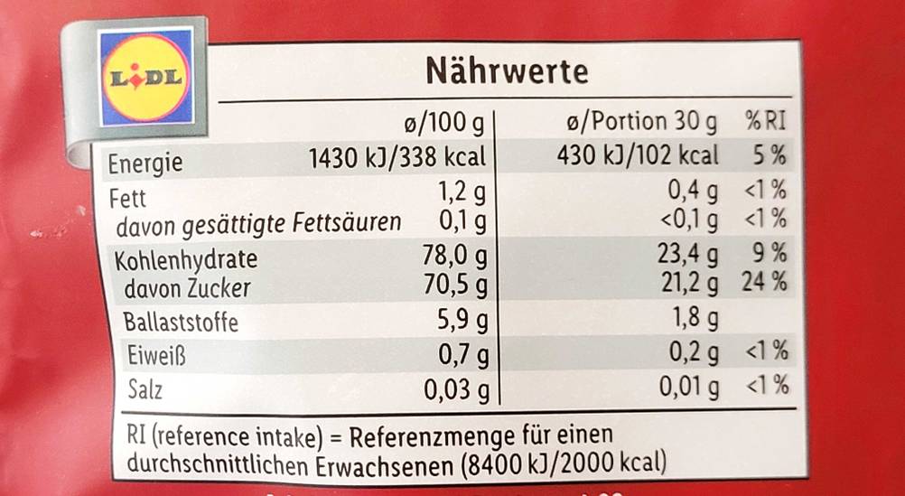 Cranberries getrocknet getestet: Nahaufnahme der Nährwerte.