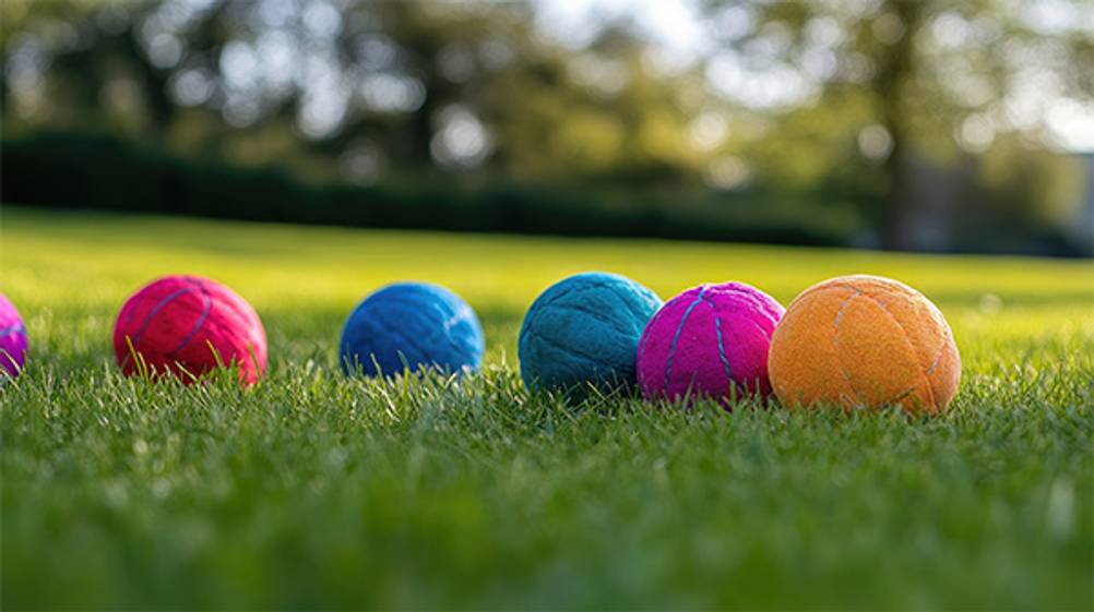 Crossboule im Test: Bunte Crossboule-Bälle auf einer Wiese.