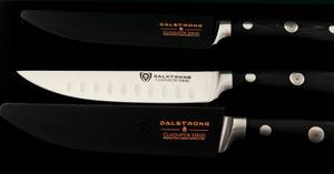 Dalstrong-Messer-Test: Dalstrong-Messer-Set, 3-teilig, auf schwarzem Hintergrund