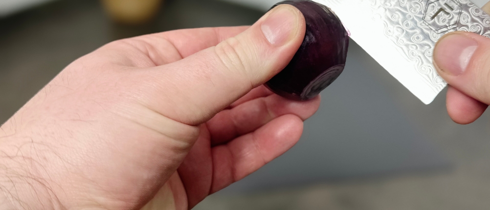 Das Fanteck Gyuto wird zum Schneiden einer kleinen roten Zwiebel angesetzt. Die Handhaltung zeigt einen feinen, präzisen Schnitt.