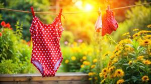 Damen-Badeanzug-Test: Ein roter Badeanzug mit weissen Punkten hängt an einer Wäscheschnur in einem Garten zum Trocknen. 