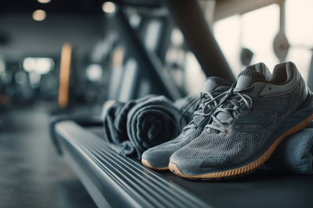 Damen-Fitnessschuhe-Test: Fitnessschuhe stehen auf einem Laufband im Fitnesscenter. 