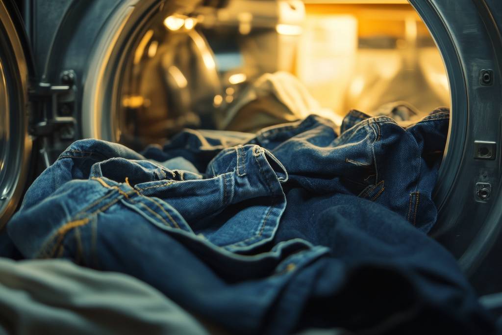 Damen-Jeans-Test: Mehrere Jeans werden in eine Waschmaschine geladen. 