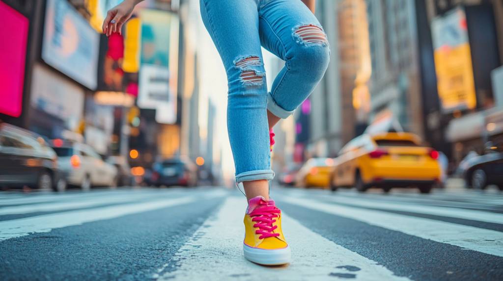 Damen-Jeans-Test: Eine Frau in einer hellen Jeans und bunten Sneakern wandern den Timesquare entlang. 
