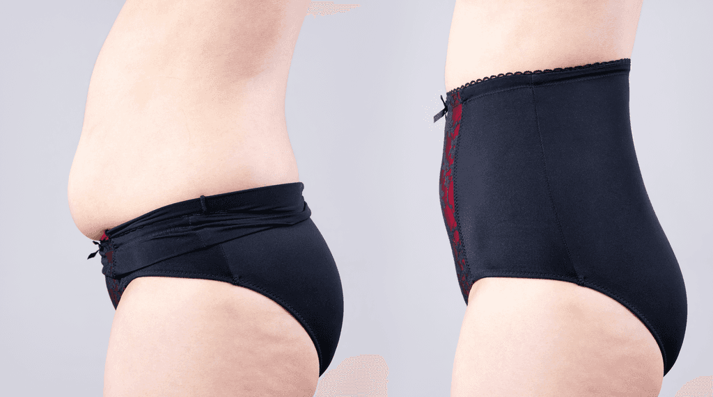 Damen-Shapewear-Test: Zwei Bilder einer Frau, die einen Shapewear-Slip trägt. 