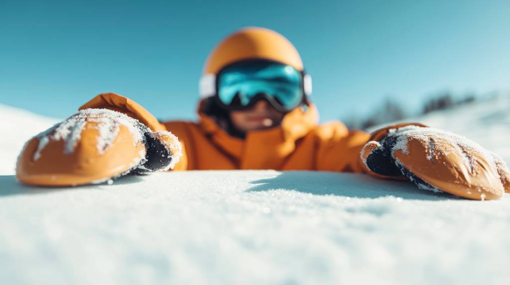 Damen-Skihandschuhe-Test: Eine Person in orangefarbener Winterausrüstung und Skibrille streckt ihre von Frost bedeckten Handschuhe auf einer schneebedeckten Fläche aus. Der klare blaue Himmel im Hintergrund verstärkt die kalte Atmosphäre.