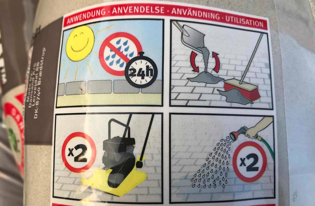 Bebilderte Anwendungsbeschreibung, die sich auf der Verpackung eines Pflasterfugenmörtels im Test befindet.