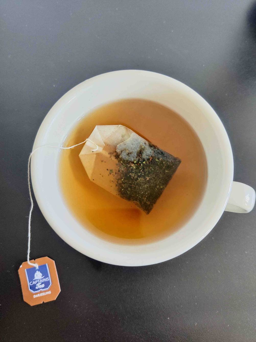 Ein Beutel Tee in einer Tasse mit Wasser