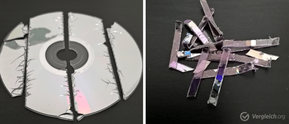 Collage aus zwei Bildern, die geschredderte CDs zeigen