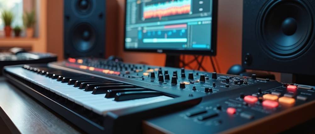 DAW-Software-Test: Eine Workstation mit Keyboard und Mischpult.