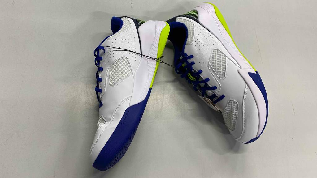 Test: Volleyball Schuh Herren: Schuhe liegen nebeneinander auf hellem Untergrund.