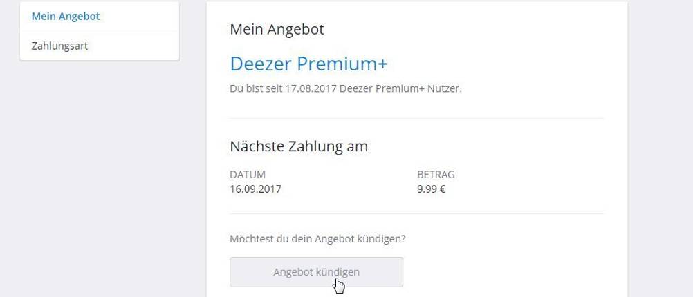 Screenshot der Deezer-Account-Übersicht