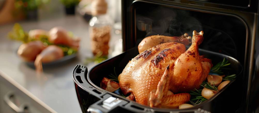 De'Longhi-Fritteusen im Test: ganzes fertig gebratenes Hähnchen auf Gemüse und Kräutern im Garkorb einer Fritteuse