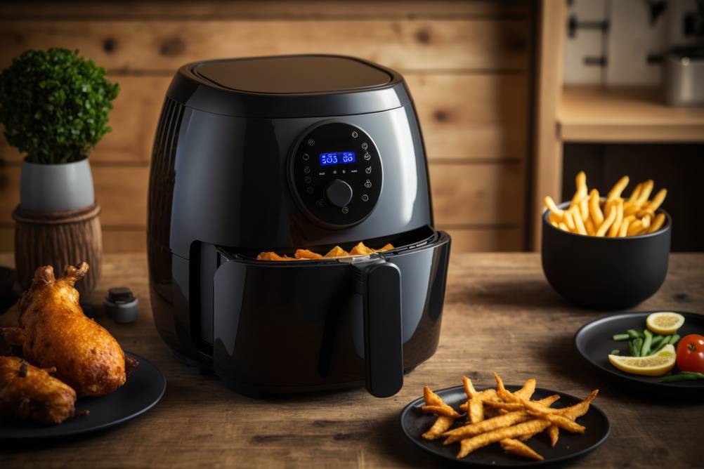 De'Longhi-Fritteusen im Test: schwarze Heißluftfritteuse hölzener Arbeitsplatte mit verschiedenen fertig frittierten Lebensmitteln