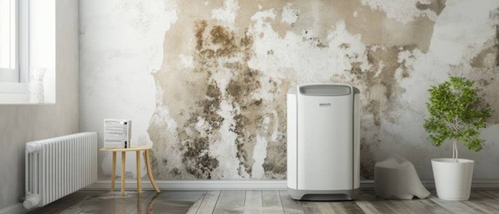 Ein De'Longhi-Luftentfeuchter im Praxis-Test: Ein Raumentfeuchter steht vor einer Wand mit Wasserschaden.