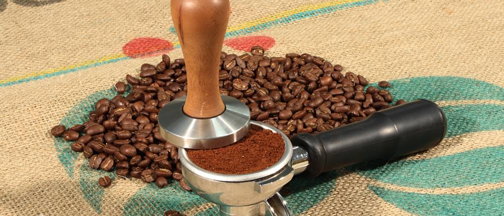 Tamper-51-mm-Test: Ein Tamper liegt auf einem Siebträger mit Kaffeemehl und Kaffeebohnen.