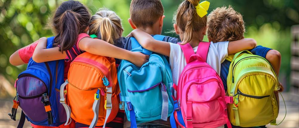 Deuter-Tagesrucksack-Test: Gruppe von Kindern mit bunten Rucksäcken auf dem Rücken.