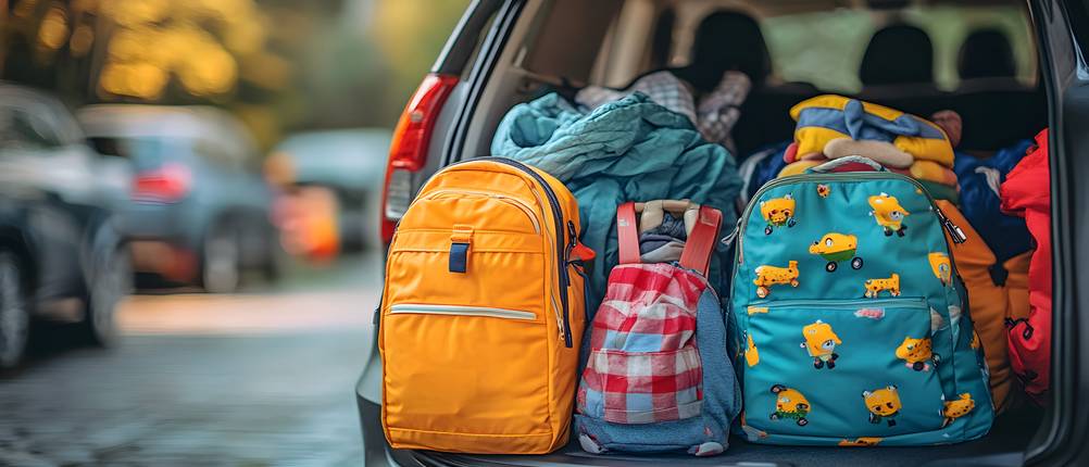 Deuter-Tagesrucksack-Test: Kofferraum eines Autos, der mit dem Gepäck für einen Familienausflug vollgepackt ist.