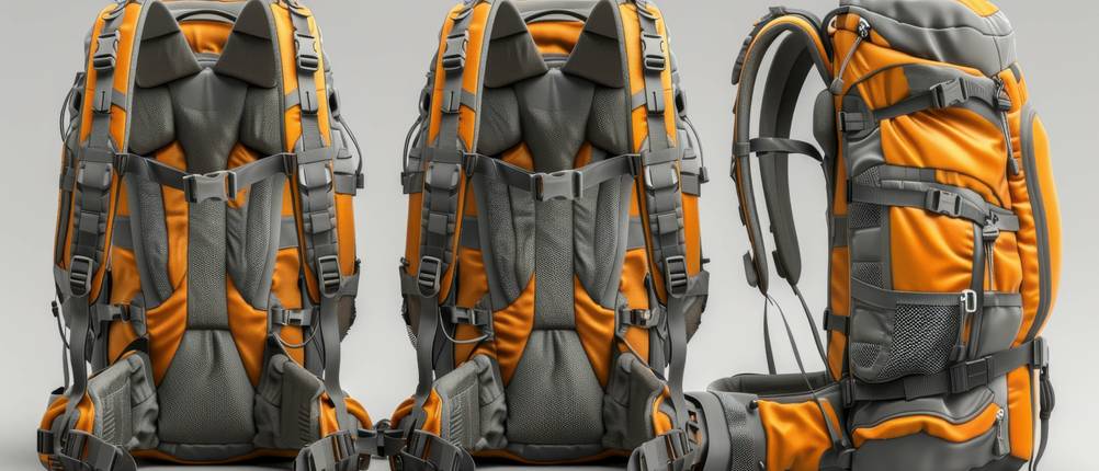 Deuter-Tagesrucksack-Test: drei Wanderrucksäcke mit mehreren Fächern und Riemen von hinten und der Seite vor einem hellen Hintergrund.