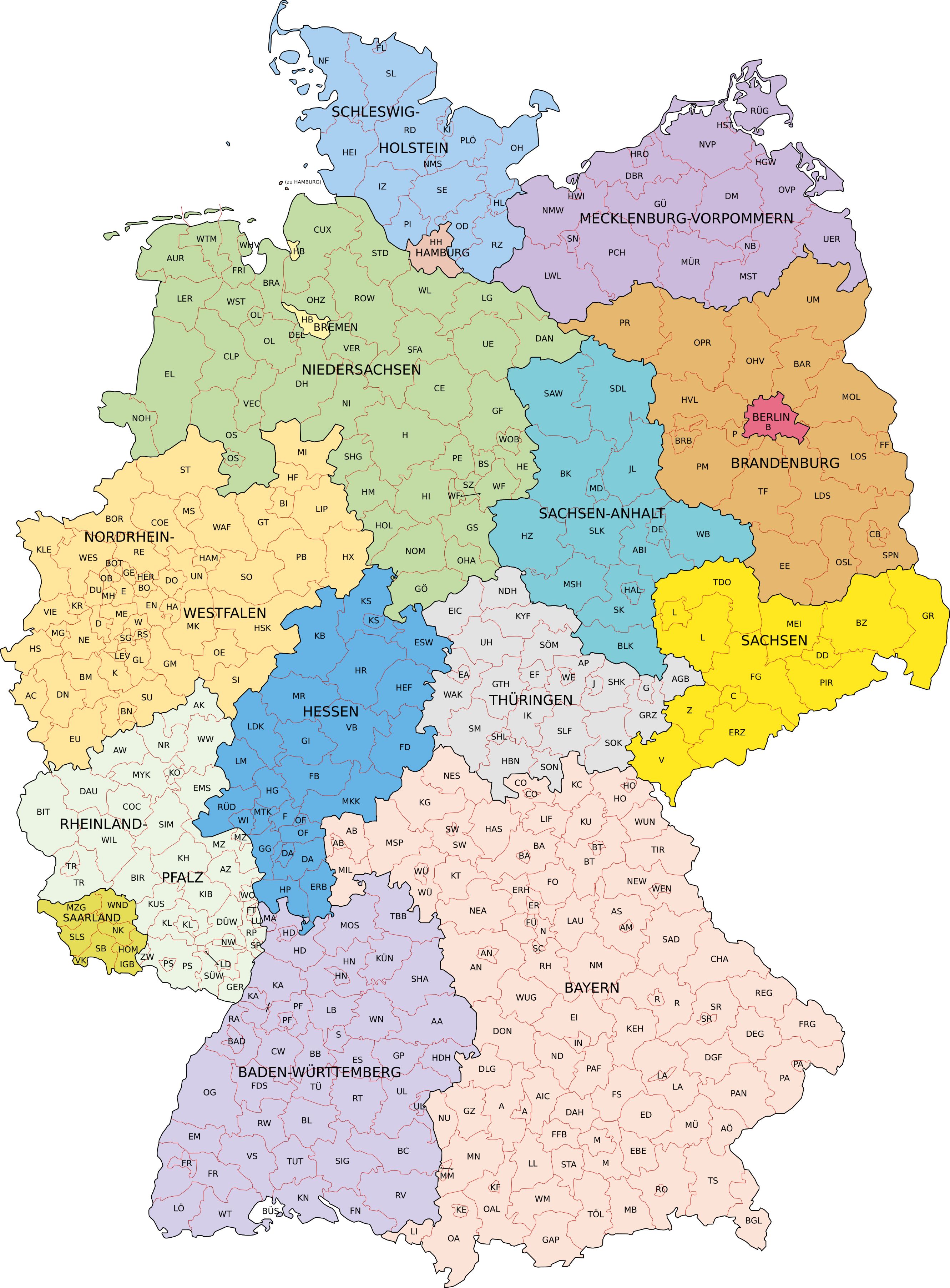 Deutschlandkarte mit Markierungen für die Abschnitte, wo welche Kennzeichen gelten