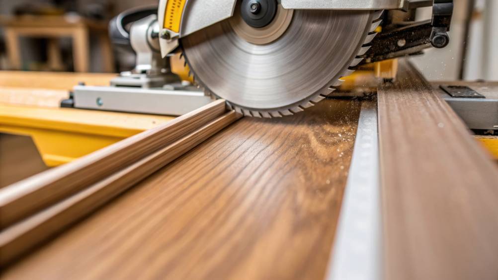 DeWalt-Kappsäge im Test: Eine Säge sägt mit Neigungswinkel eine Profilleiste.