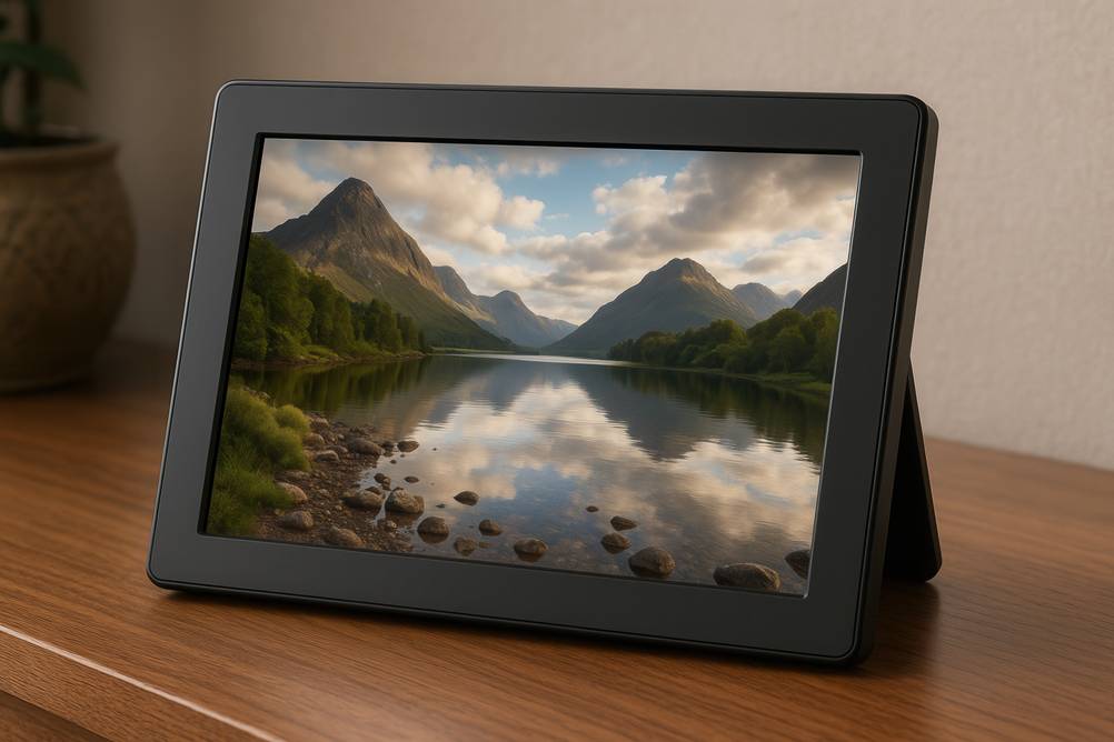 17-Zoll-Digitaler-Bilderrahmen-Test: Ein digitaler 17-Zoll-Bilderrahmen mit schwarzem Rahmen steht auf einem Sideboard.