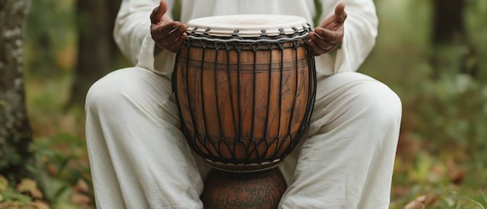 Ein Mann in weißer Kleidung sitzt hinter einer getesteten Djembe.