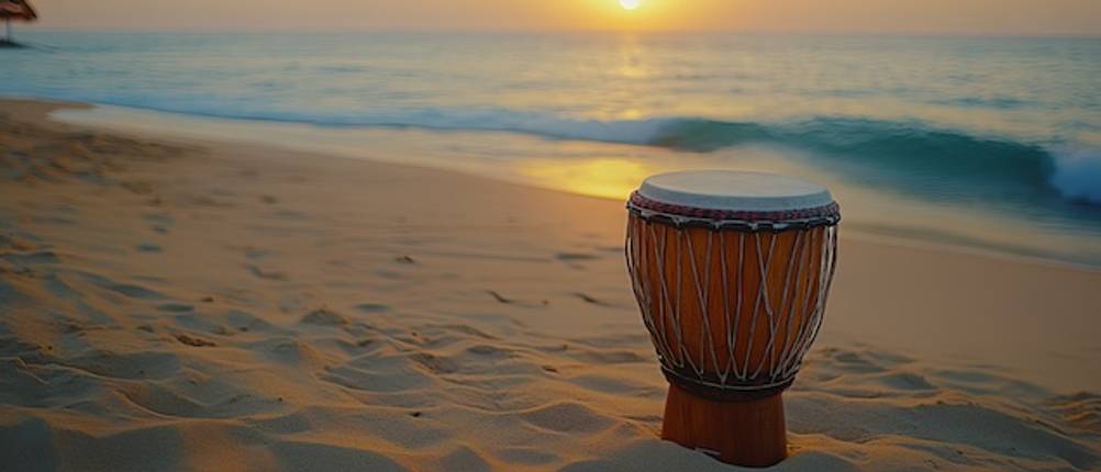 Djembe im Test am Strand mit Meer und Sonnenuntergang.