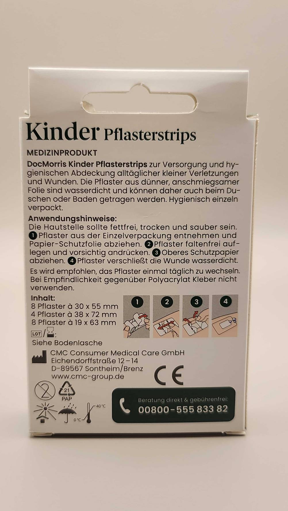 Getestete Pflaster: Ansicht der Anwendungshinweise auf der Rückseite einer 20-Stück-Packung mit Kinder-Pflasterstrips von Doc Morris.