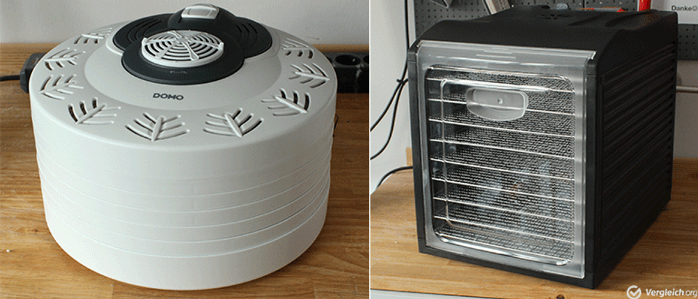 ein eckiger und ein runder Dörrautomat auf einem Tisch